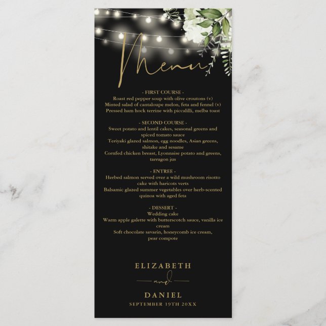 Schwarz-Gold-Blumenstrauß-Lichter Hochzeitsessen Menükarte (Vorderseite)