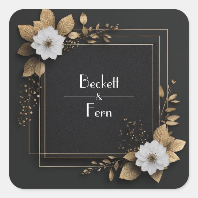 Schwarz-Gold-Blütenblüte mit weißer Blume Hochzeit Quadratischer Aufkleber (Vorderseite)