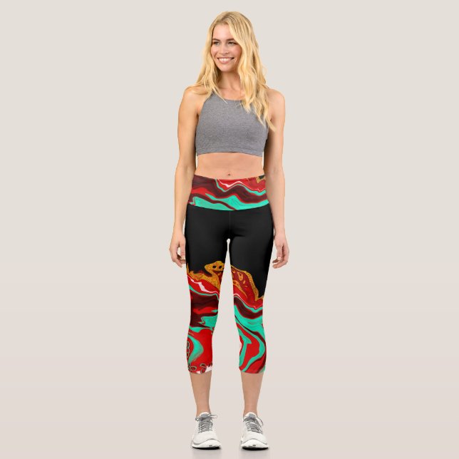 Schwarz, Gold, Burgund, Marmorflüssiges Kunst Capri Leggings (Vorderseite)