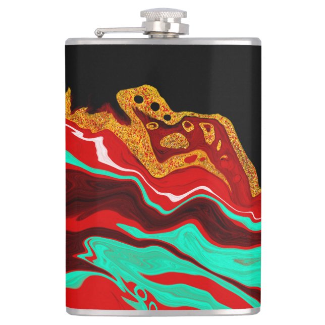 Schwarz, Gold, Burgund, Marmorkunst Flachmann (Vorderseite)