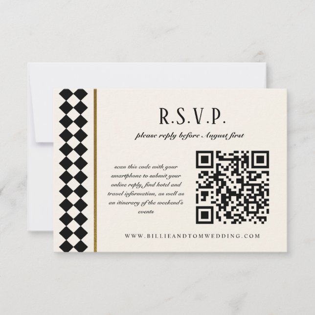 Schwarz-Gold-Checkerboard-Border-Hochzeit online RSVP Karte (Vorderseite)