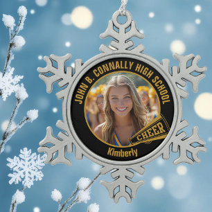 Schwarz Gold Cheerleader Foto High School Schneeflocken Zinn-Ornament