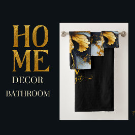 Schwarz-Gold-Chic-Marmor-Blumenstrauß-Badetuch Badhandtuch Set