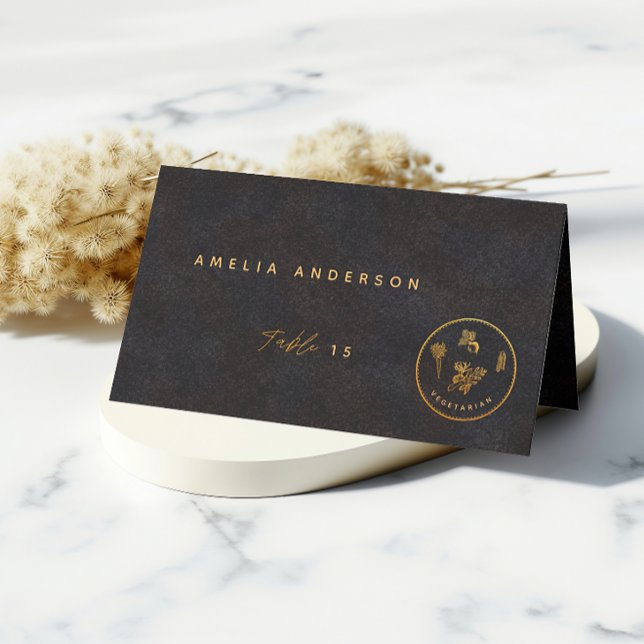 Schwarz-Gold-Chic vegetarische Hochzeitsnahrung Platzkarte (Von Creator hochgeladen)