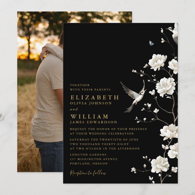 Schwarz-Gold Chinoiserie Blumenzwiebeln Foto Einladung (Vorne/Hinten)