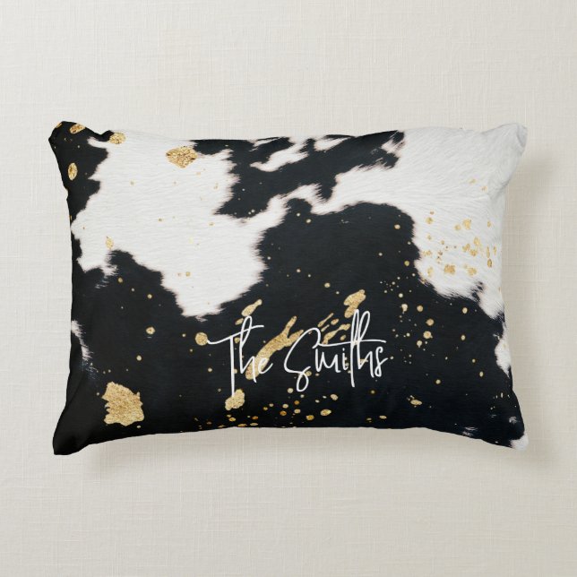 Schwarz-Gold-Cowhide Dekokissen (Vorderseite)