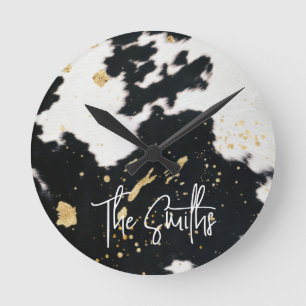 Schwarz-Gold-Cowhide Runde Wanduhr