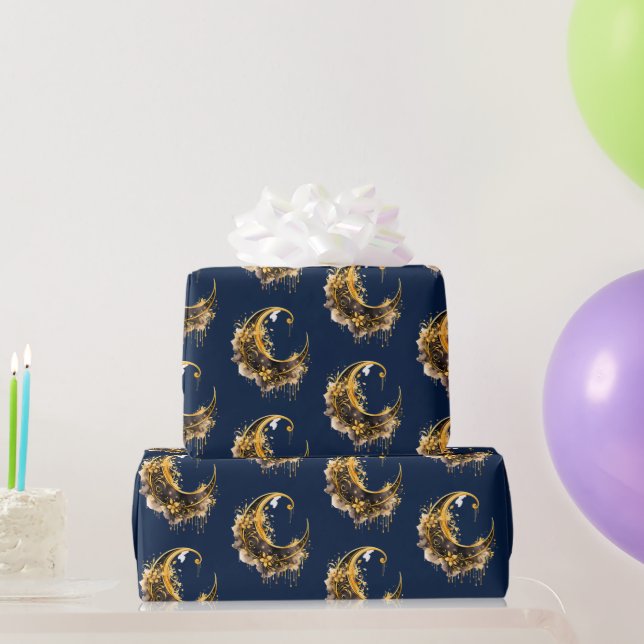 Schwarz-Gold Crescent Moon Pattern Halloween Geschenkpapier (Partygeschenke)