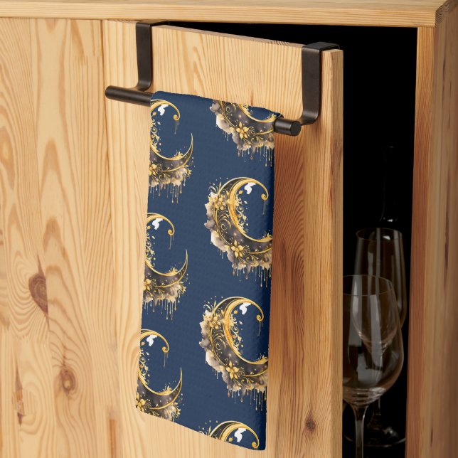 Schwarz-Gold Crescent Moon Pattern Halloween Geschirrtuch (Drittel gefaltet)