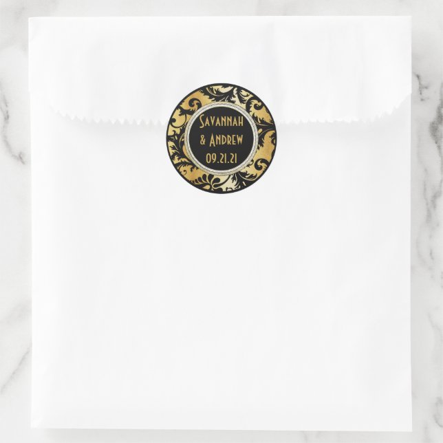 Schwarz-Gold-Damask-Aufkleber Runder Aufkleber (Tasche)