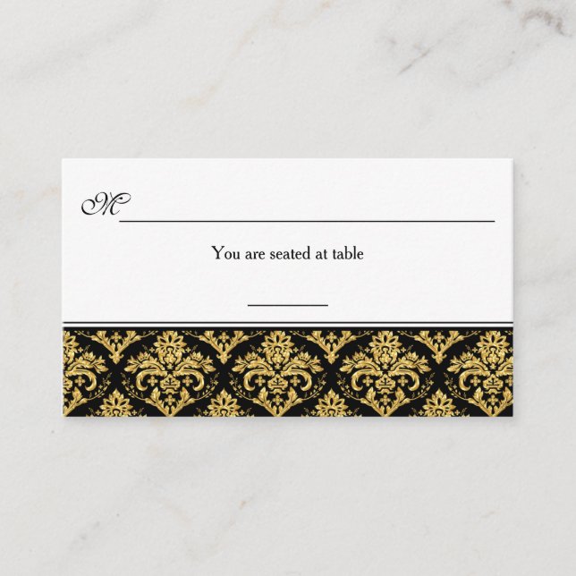 Schwarz, Gold Damask Empfang Platzkarte (Vorderseite)