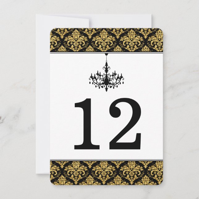 Schwarz, Gold Damask, Kronleuchter-Tischnummer Einladung (Vorderseite)