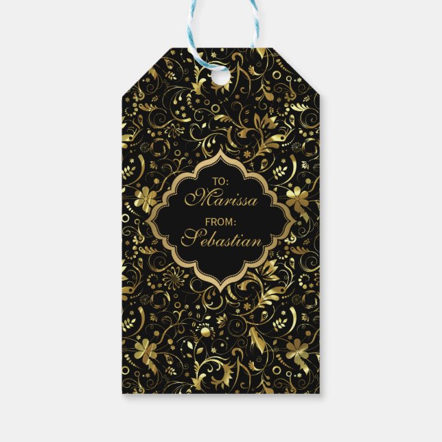 Schwarz-Gold-Damaskus-Muster Geschenkanhänger (Rückseite)