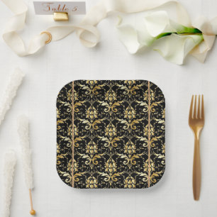 Schwarz-Gold-Damaskus-Muster Pappteller