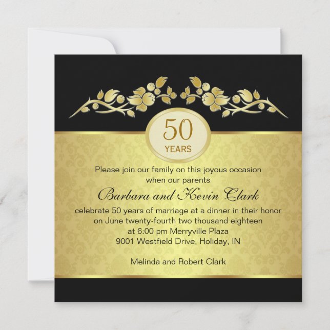 Schwarz & Gold, Damast 50. Hochzeitstag Einladung (Vorderseite)