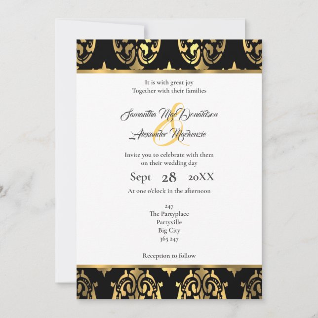 Schwarz-Gold-Damast-Hochzeit Einladung (Vorderseite)