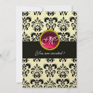 SCHWARZ-GOLD-DAMAST-MONOGRAMM, roter Rubin, Fuchsi Einladung