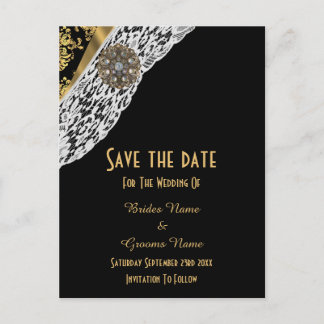 Schwarz-Gold-Damast-Weiße Spitze Save the Date Ankündigungspostkarte
