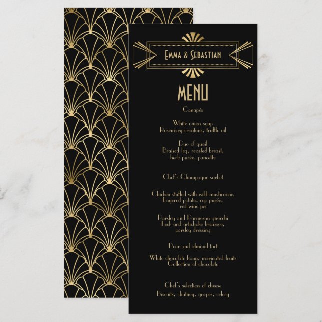 Schwarz-Gold-Deko-Muster Hochzeit Menükarte (Vorne/Hinten)