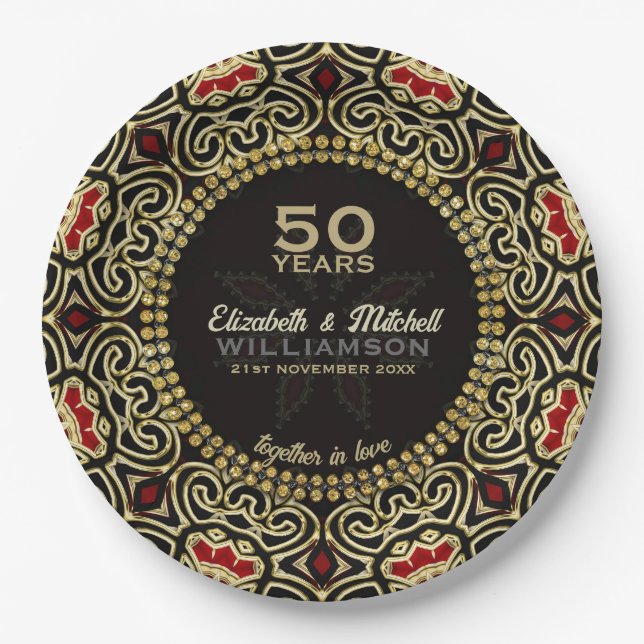 Schwarz+Gold Dekor Moderner Damaskus 50 Jahre Pappteller (Vorderseite)
