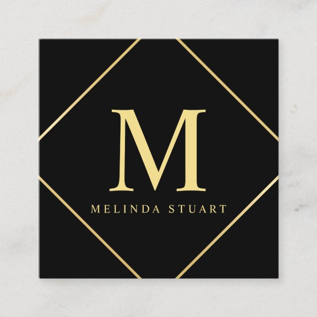 Schwarz-Gold-Elegant-Monogramm Quadratische Visitenkarte (Vorderseite)