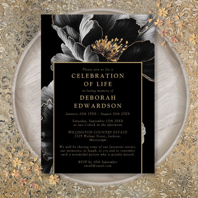 Schwarz-Gold-Elegante Blumenfeier Einladung (Black And Gold Elegant Floral Celebration Of Life Invitation)