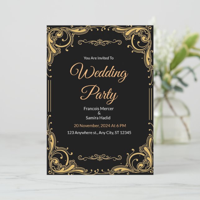 Schwarz-Gold-Elegante Hochzeitsfeiern - Party Einl Einladung (Stehend Vorderseite)