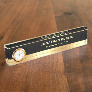 Schwarz-Gold-elegante moderne Vorlage mit Uhr Namensplakette