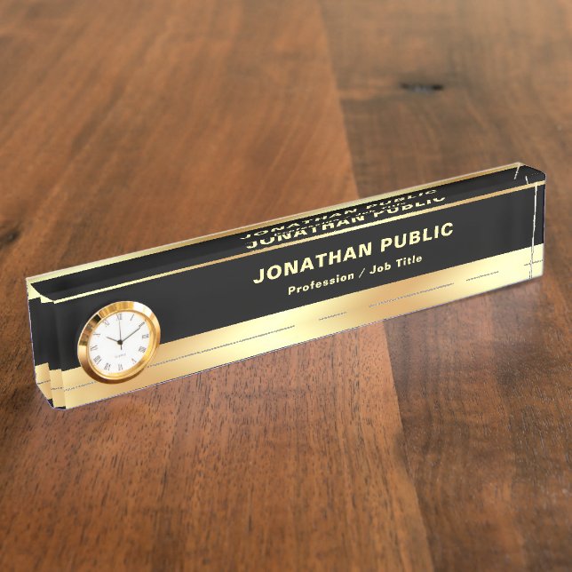 Schwarz-Gold-elegante moderne Vorlage mit Uhr Namensplakette (Seite)