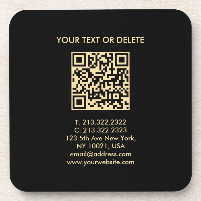 Schwarz-Gold-Elegante moderne Vorlage QR-Code Getränkeuntersetzer (Vorderseite)