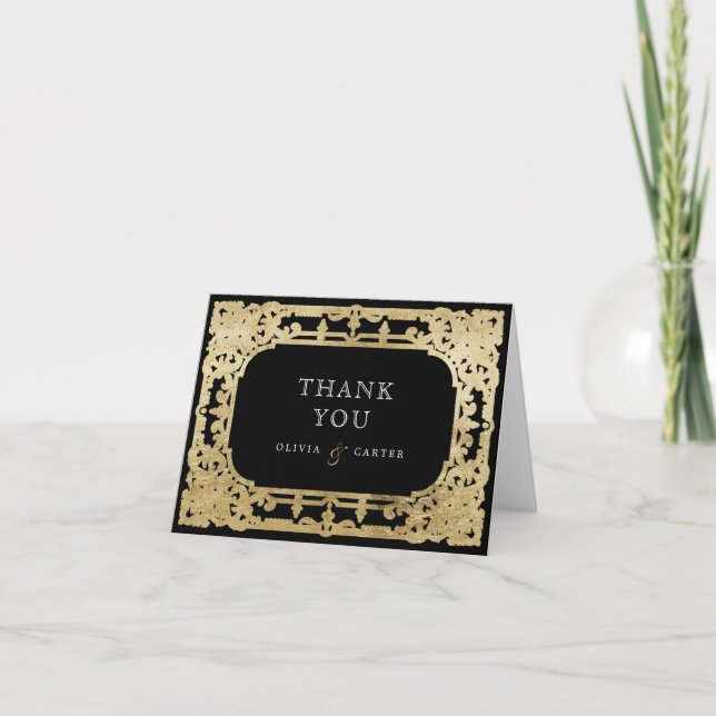 Schwarz & Gold elegante romantische Hochzeit Dankeskarte (Vorderseite)