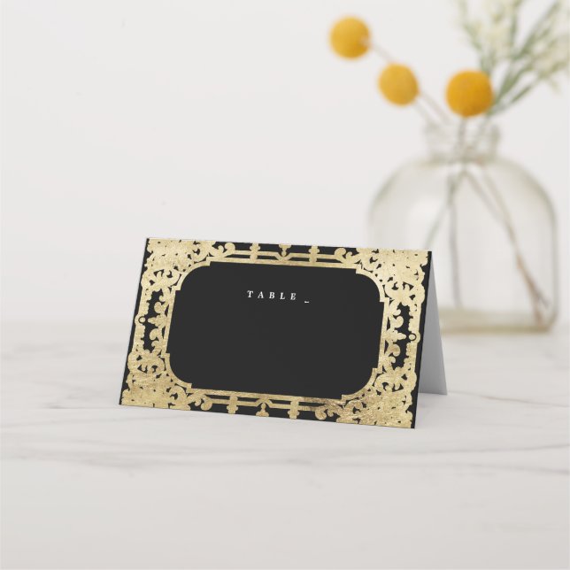 Schwarz & Gold elegante romantische Hochzeit Platzkarte (Vorderseite)