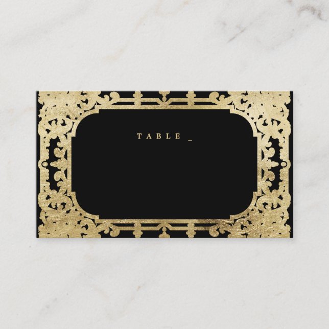 Schwarz & Gold elegante romantische Hochzeit Platzkarte (Vorderseite)