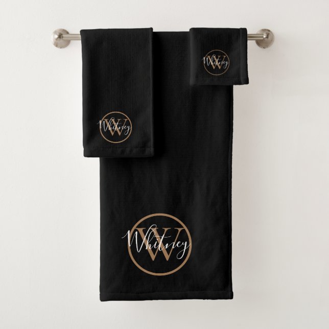 Schwarz-Gold-elegante Script-Monogramm Badhandtuch Set (Insitu)