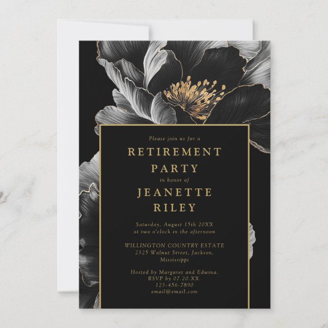 Schwarz-Gold-Elegantes Party für die Blumenruhestä Einladung (Vorderseite)