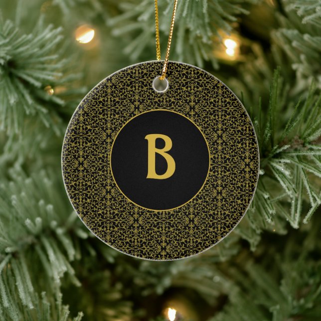 Schwarz-Gold-Filigree-Monogramm Personalisiert Keramik Ornament (Baum)