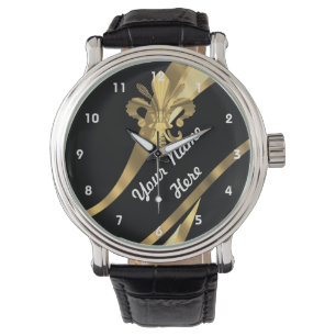 Schwarz-Gold-Flex de lys personalisiert Armbanduhr