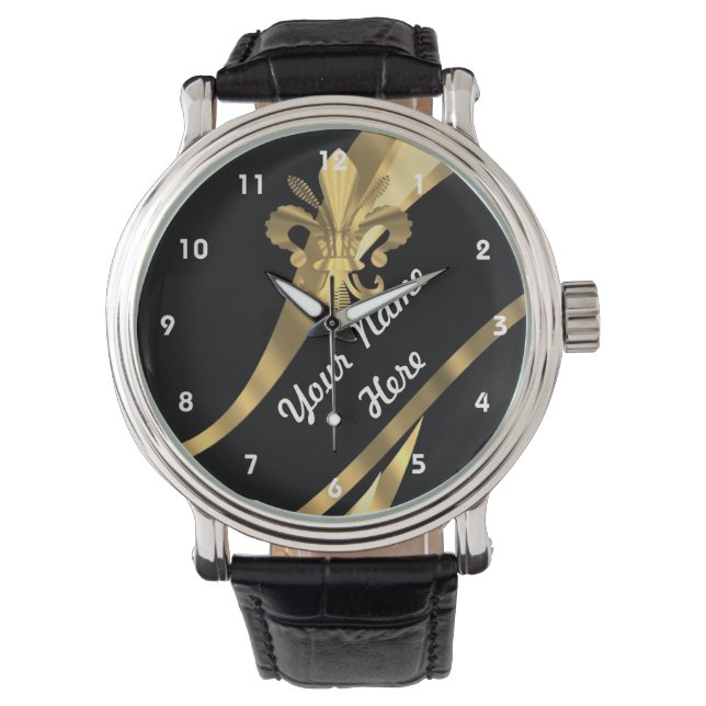 Schwarz-Gold-Flex de lys personalisiert Armbanduhr (Vorderseite)