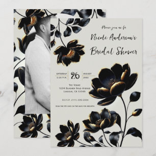 Schwarz & Gold Floral Beigebraune Hochzeitsdusche Einladung