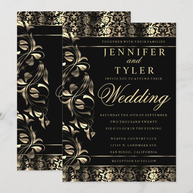 Schwarz-Gold-Floral-Damask Einladung (Vorne/Hinten)