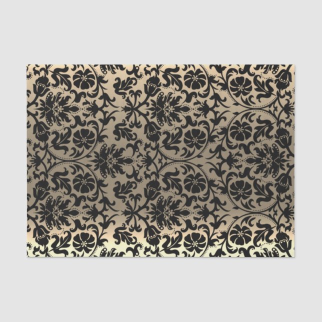 Schwarz-Gold-Floral-Damask Seidenpapier (Vorderseite)