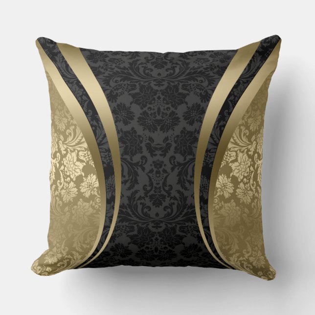 Schwarz-Gold-Floral-Damaskus Kissen (Vorderseite)