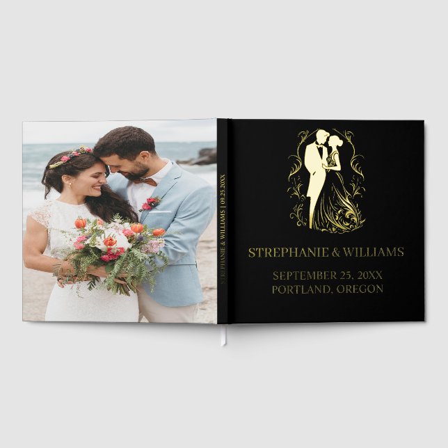 Schwarz-Gold-Foil-Blätter Foto-Hochzeit Gästebuch (Voll)