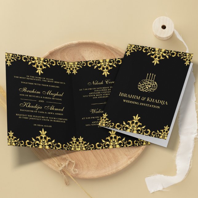 Schwarz-Gold-Foil-Damask Islamische Hochzeit Einladung (Von Creator hochgeladen)