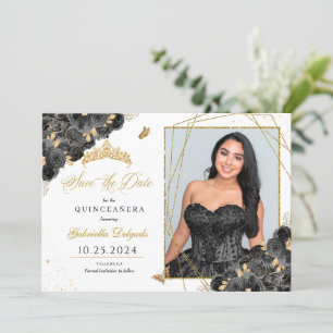 Schwarz & Gold Foto Card Quinceñera Save the Date Einladung
