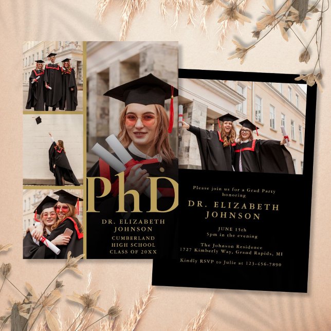 Schwarz-Gold-Fotocollage PhD Graduation Party Einladung (Black And Gold Photo Collage PhD Graduation Party Invitation)