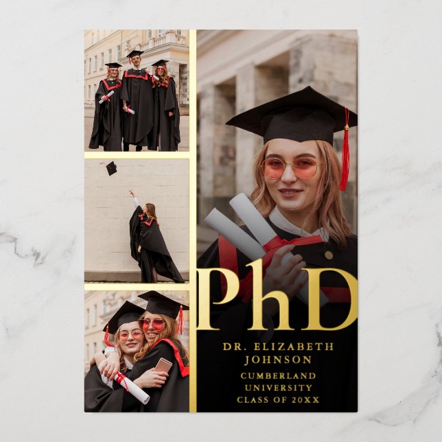 Schwarz-Gold-Fotocollage PhD Graduation Party Folieneinladung (Vorderseite)
