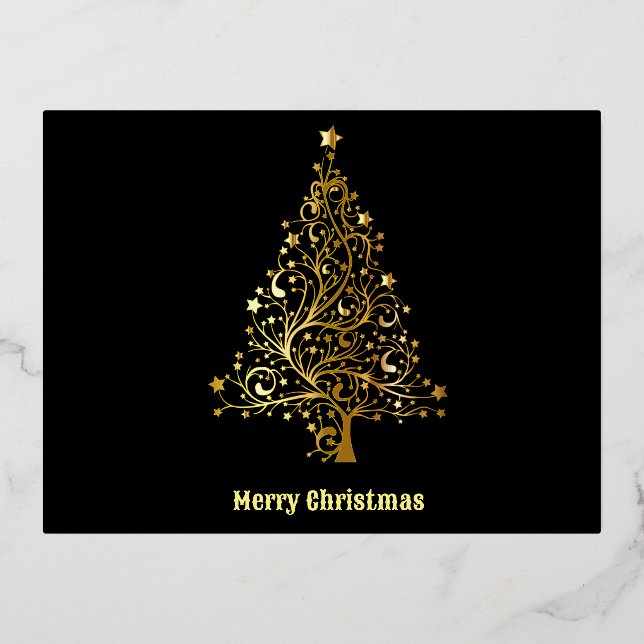 Schwarz/Gold Funkelnd Weihnachtsbaum Folien Feiertagspostkarte (Vorderseite)