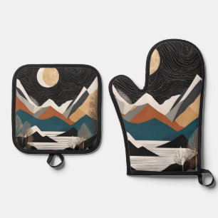 Schwarz-Gold-Gebirge Bäume und Mond Ofenhandschuh & Topflappen-Set