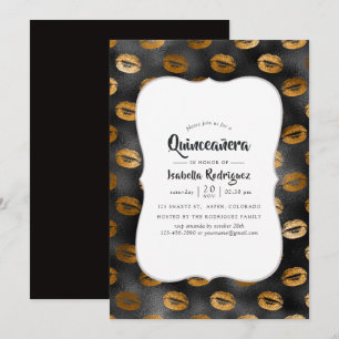 Schwarz-Gold-Glam-Lippen-Muster Quinceañera Einladung
